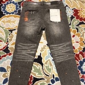 Men's Distressed Gray Skinny Jeans with Colorful Accents